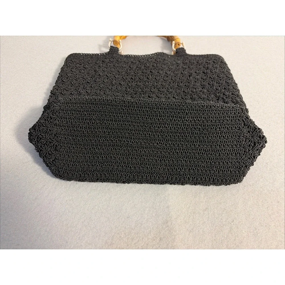 Black Woven Purse With Bamboo Handles, Slouchy Summer Boho